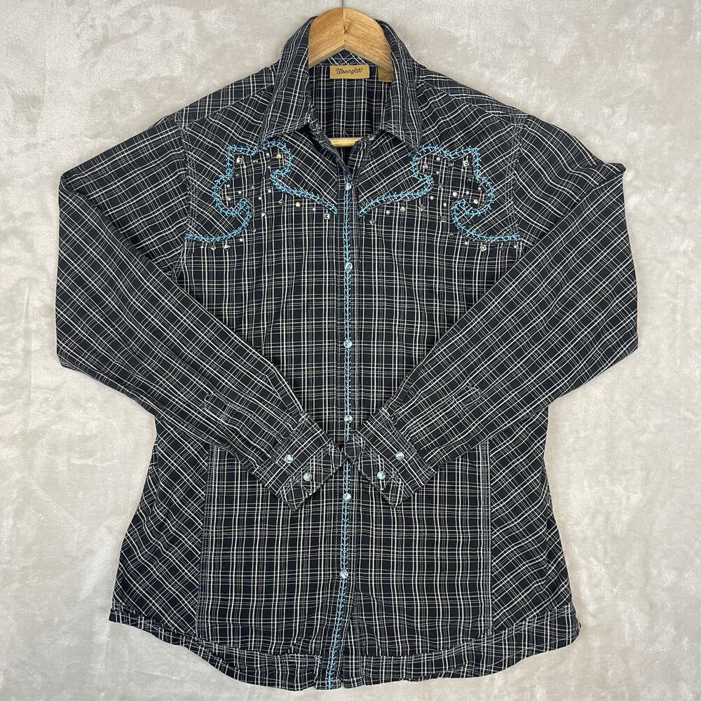 Wrangler Western Shirt Women's Medium Cotton Turquoise Embroidered Rhinestone